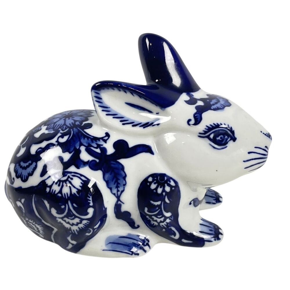 Handmade Cobalt Blue and White Porcelain Floral MMC Classical Bunny Rabbit 7x4.5